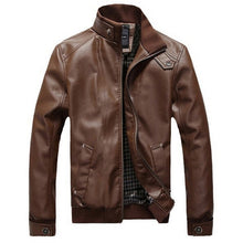 गैलरी व्यूवर में इमेज लोड करें, 2019 New Fashion Autumn Male Leather Jacket Black Brown Mens Stand Collar Coats Leather Biker Jackets Motorcycle Leather Jacket