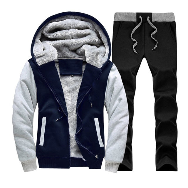 Men hooded Tracksuit Lined Thick Coat Sweatshirt + Pants New Sportswear Jogger Suit 2 Piece Set Brand Male Winter Sets Clothing