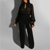 Autumn Winter Long Sleeve White Jumpsuit Elegant Lady Hollow out African Party Long Jumpsuit Wide Leg Office Wear 2 Piece Set