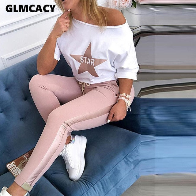 Women Two Piece Matching Sets Star Print Top & Drawstring Design Pant Sets Chic Casual Sweatsuit