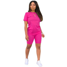 Laden Sie das Bild in den Galerie-Viewer, Two-piece Solid Color Women&#39;s Clothing. Short-sleeved Crew Neck T-shirt and Tight-fitting Shorts. Simple Style Tracksuit Outfit
