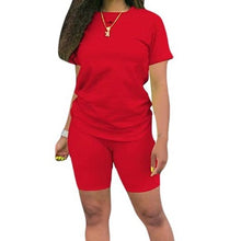 Laden Sie das Bild in den Galerie-Viewer, Two-piece Solid Color Women&#39;s Clothing. Short-sleeved Crew Neck T-shirt and Tight-fitting Shorts. Simple Style Tracksuit Outfit