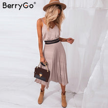 Load image into Gallery viewer, BerryGo Sexy spaghetti strap summer dress women A-line hot pink female pleated midi dress Casual office ladies party dresses