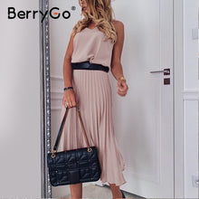 Load image into Gallery viewer, BerryGo Sexy spaghetti strap summer dress women A-line hot pink female pleated midi dress Casual office ladies party dresses