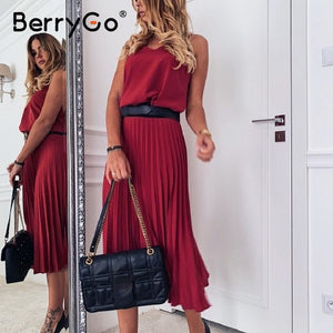 BerryGo Sexy spaghetti strap summer dress women A-line hot pink female pleated midi dress Casual office ladies party dresses