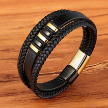 Carica l&#39;immagine nel visualizzatore di Gallery, Fashion Stainless Steel Charm Magnetic Black Men Bracelet Leather Genuine Braided Punk Rock Bangles Jewelry Accessories Friend