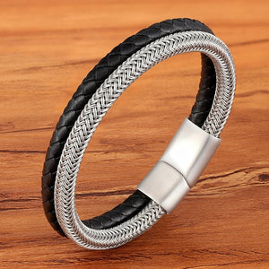 Fashion Stainless Steel Charm Magnetic Black Men Bracelet Leather Genuine Braided Punk Rock Bangles Jewelry Accessories Friend