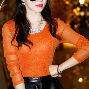 Spring Summer Women's Sexy See Through Mesh Blouse Long Sleeve Transparent Shining Elegant Shirt Fashion Women Tops DF2417