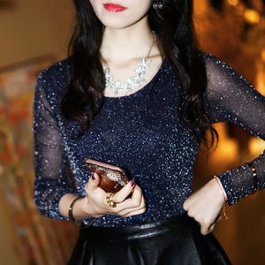 Spring Summer Women's Sexy See Through Mesh Blouse Long Sleeve Transparent Shining Elegant Shirt Fashion Women Tops DF2417