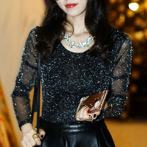 Spring Summer Women's Sexy See Through Mesh Blouse Long Sleeve Transparent Shining Elegant Shirt Fashion Women Tops DF2417