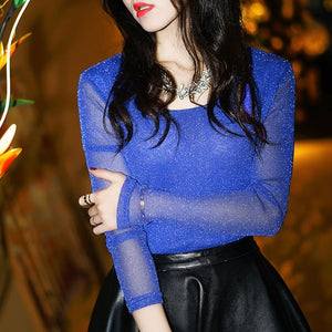 Spring Summer Women's Sexy See Through Mesh Blouse Long Sleeve Transparent Shining Elegant Shirt Fashion Women Tops DF2417