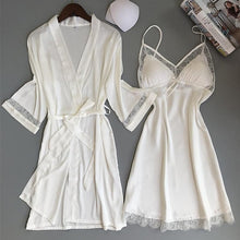 गैलरी व्यूवर में इमेज लोड करें, Sexy Women Rayon Kimono Bathrobe WHITE Bride Bridesmaid Wedding Robe Set Lace Trim Sleepwear Casual Home Clothes Nightwear