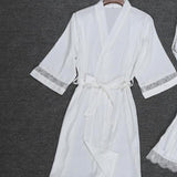 Sexy Women Rayon Kimono Bathrobe WHITE Bride Bridesmaid Wedding Robe Set Lace Trim Sleepwear Casual Home Clothes Nightwear