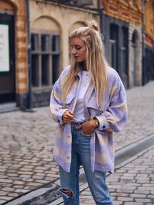 Stylish Sweet Plaid Woolen Shirt Jackets Women Fashion Pockets Turn-down Collar Check Jacket Cute Girls Chic Coat Streetwear