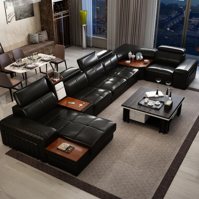 living room Sofa functional genuine leather couch Nordic sala U shape ...