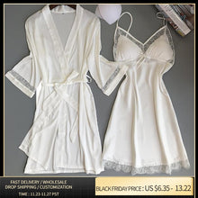 Carica l&#39;immagine nel visualizzatore di Gallery, Sexy Women Rayon Kimono Bathrobe WHITE Bride Bridesmaid Wedding Robe Set Lace Trim Sleepwear Casual Home Clothes Nightwear