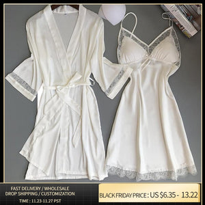Sexy Women Rayon Kimono Bathrobe WHITE Bride Bridesmaid Wedding Robe Set Lace Trim Sleepwear Casual Home Clothes Nightwear