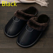 Charger l&#39;image dans la galerie, Men Slippers Black New Winter PU Leather Slippers Warm Indoor Slipper Waterproof Home House Shoes Men Warm Leather Slippers