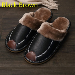 Men Slippers Black New Winter PU Leather Slippers Warm Indoor Slipper Waterproof Home House Shoes Men Warm Leather Slippers