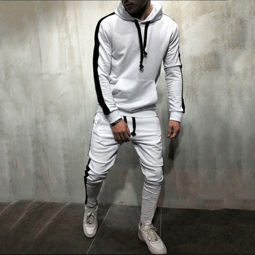 Male Stripe Patchwork Hoodies Bigsweety 2 Pieces Sets Tracksuit Men New Brand Autumn Winter Hooded Sweatshirt +Drawstring Pants